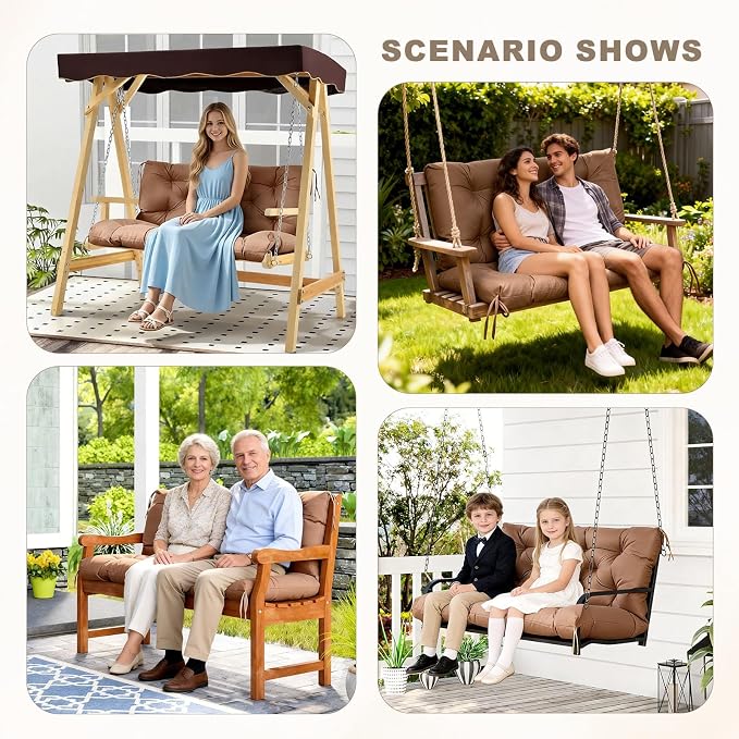 Porch Swing Cushion with Backrest,Waterproof Bench Cushion for Outdoor Furniture,2-3 Seater Replacement Thickened swing cushion with Ties,Patio,Outdoor,Backyard and Garden (Light Coffee,40x40")