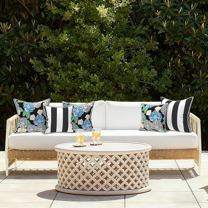LVTXIII Outdoor Throw Pillows 18x18 Patio Waterproof Square Pillows with Piping Fade Resistant Accent Pillow for Spring Summer Garden Decoration, Set of 2, Peony Garden