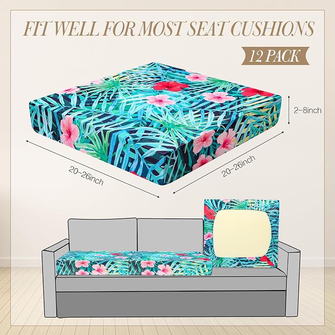 Newwiee 12 Pcs Patio Cushion Covers Outdoor Stretch Sofa Couch Cover Replacement Couch Slipcover Sofa Seat Chair Porch Patio Furniture Protector, Flexibility Washable(Colorful,Palm Leaf)