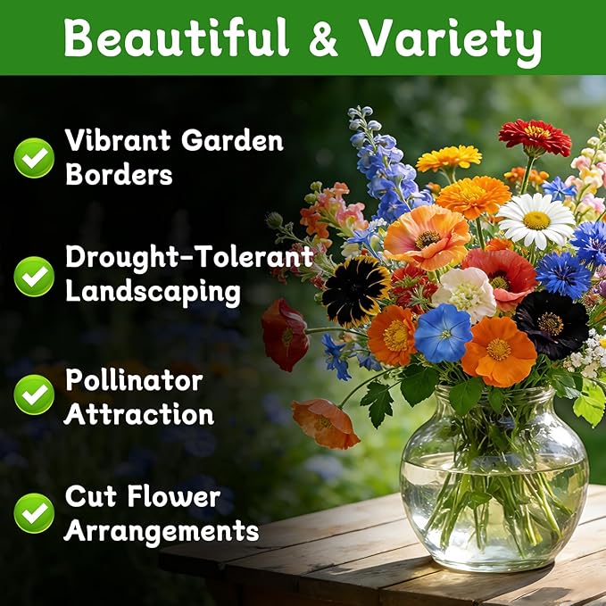 LUOJIBIE Wildflower Seeds Bulk, 22,000+ Flowers Seeds for Planting Outdoor, 16 Varieties Annual & Perennial Flowers Seeds Mix Color for Garden, 4 Oz Packet, Non-GMO, Attracts Pollinators, Easy to Grow