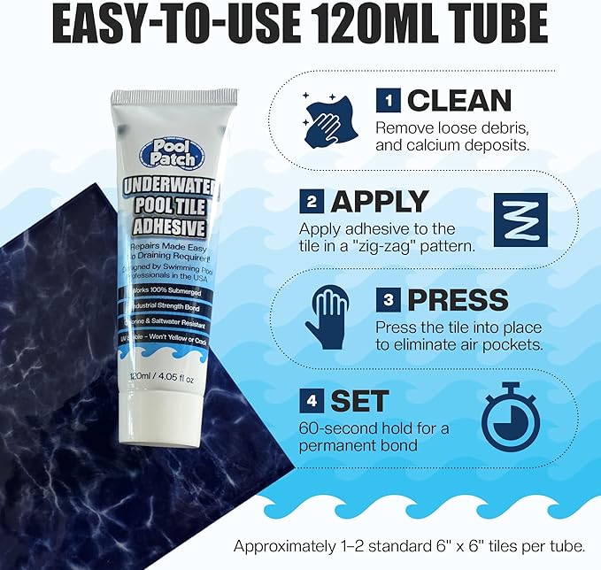 Pool Patch Underwater Pool Tile Adhesive (4 oz) – Waterproof Pool Tile Setting Paste – Professional Strength Adhesive for Ceramic, Mosaic & Stone – Works 100% Submerged, No Need to Drain Pool