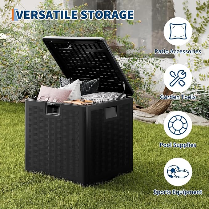 28 Gallon Outdoor Storage Box, Large Resin Deck Box with Lockable Lid & UV Resistant, All-Weather Deck Box for Patio Furniture, Pool Accessories, Gardening Tools, Black