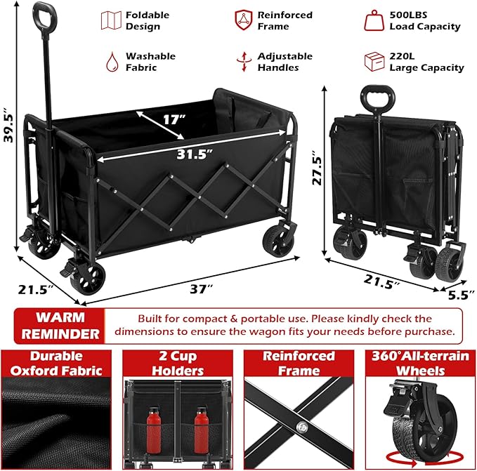 Collapsible Wagons Carts Foldable Wagon, 500LBS Wagon Cart Foldable Heavy Duty with Brakes & All-Terrain Wheels, Large Collapsible Folding Wagons for Beach Camp Sports Grocery, Portable (Black)