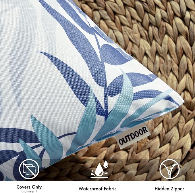 MIULEE Pack of 2 Decorative Outdoor Waterproof Throw Pillow Covers Patio Pillow Cases Natural Leaves Pattern Spring Square Cushion Shams Shell for Garden Balcony Couch 16x16 Inch, Blue