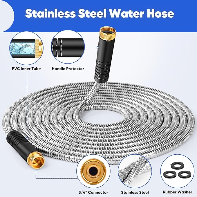 Garden Hose 75 ft, Stainless Steel Metal Hose, Flexible Water Hose with 10 Function Nozzle, Kink Free, Leak-Proof, Heavy Duty Hose for Yard, Outdoor, Lawn, RV, Car Wash and Camper Use