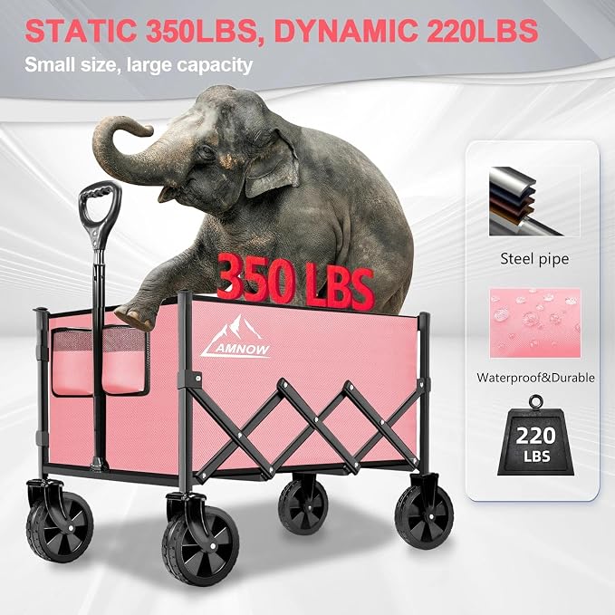 Collapsible Folding Wagon Cart, 350LBS Utility Large Capacity Cart Foldable Wagon with All Terrain Wheels, Grocery Wagons Carts for Garden Shopping Sports Camping, Light Pink