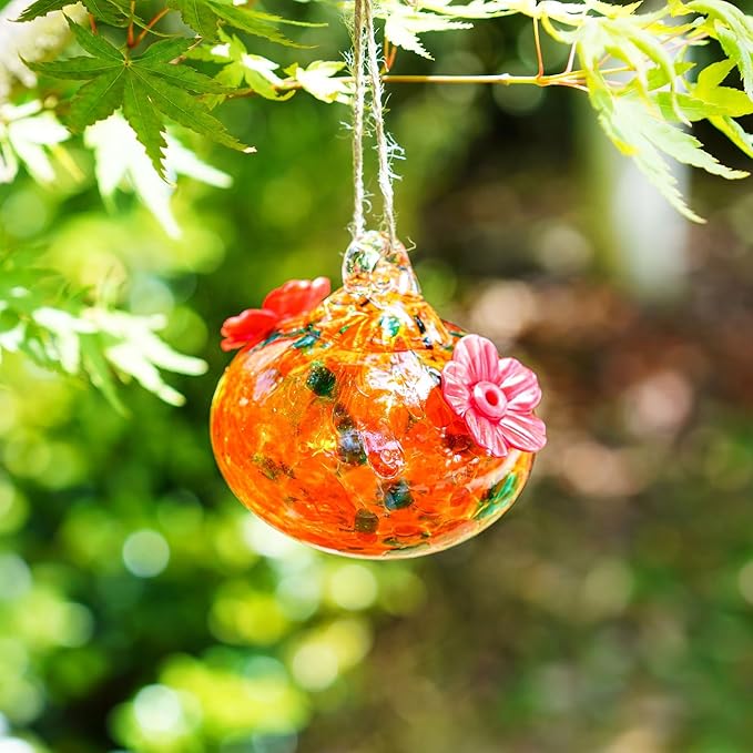 2pcs Blown Glass Hummingbird Feeders for Outdoors 3.2in Hanging Glass Humming Bird Feeders for Window Patio Decor with 2 Flower Feeding Ports