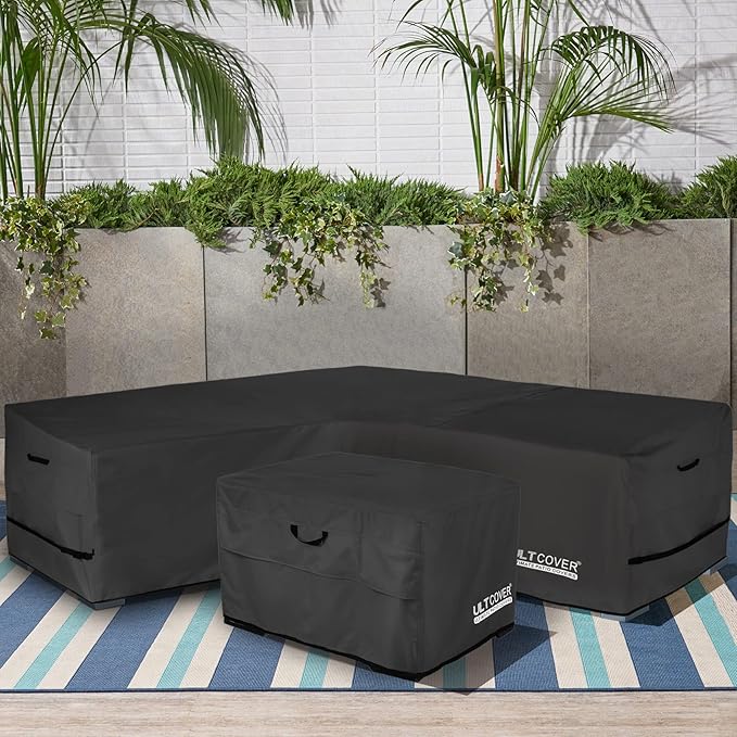 ULTCOVER Patio V-Shaped Sofa Cover Waterproof for 7-Seater Outdoor Sectional Furniture Couch 105 inch Wide, Black