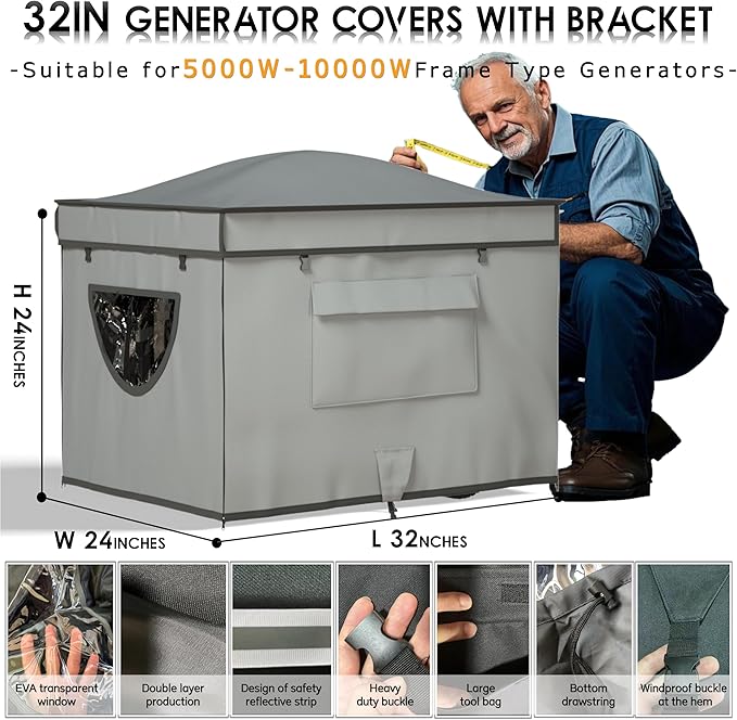 Generator Covers While Running, Waterproof Heavy Duty Generator Tent, 1680D+210D Double Layer, Rooftop Design, Large Generator Cover, 32 x24 x24, Grey