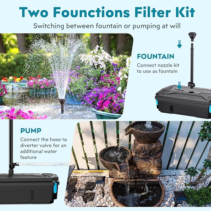 POPOSOAP 55W Solar Pond Filter with Fountain Pump, Solar Powered Water Pump with 580GPH Pond Filter for Outdoor Ponds with Filter Medias for Koi Ponds, Waterfalls, Garden Water Features