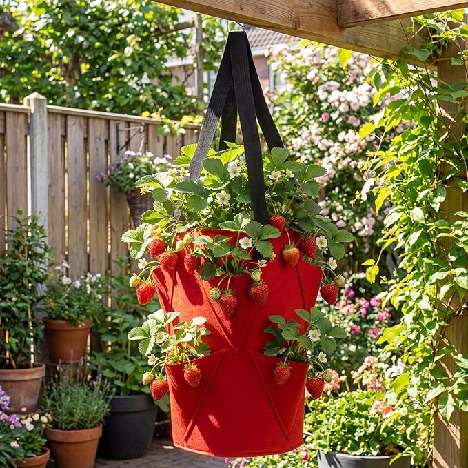 SATINIOR 10 Pack Upside Down Strawberry Planter Set Hanging Vegetables Grow Bags with 10 S Hooks, 3 Gallon Fabric Planting Bags for Easy Vertical Gardening(Red)