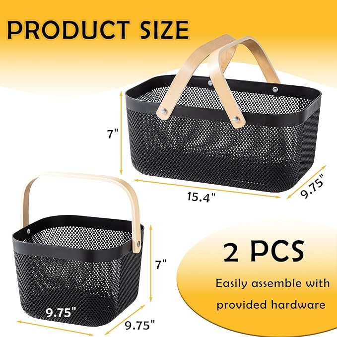 Nexboraque 2 Pack Plastic Picnic Baskets, Mesh Harvest Basket with Foldable Wooden Handle, Rectangle Fruit Vegetable Storage Organizer Bins for Gathering, Kitchen, Pantry, Black
