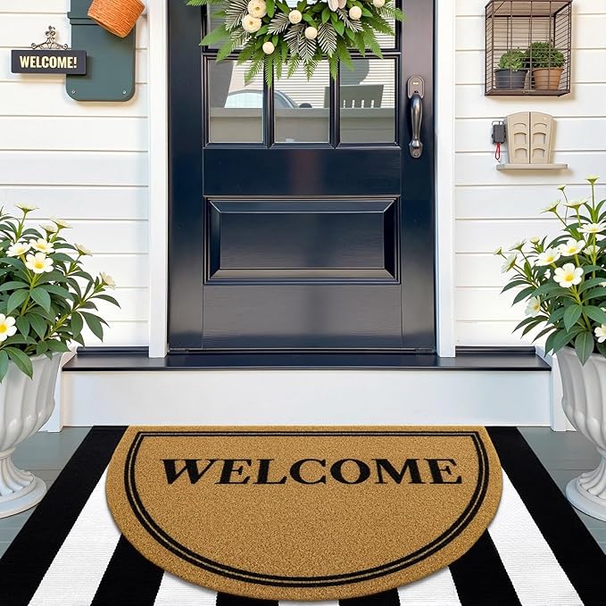 OLANLY Half Circle Front Door Mat, Low Profile Doormat, Stain and Fade Resistant, Easy to Clean, for Indoor and Outdoor Entrances, Patio Porch or Entryway, Brown (35x23 Inch, Welcome)