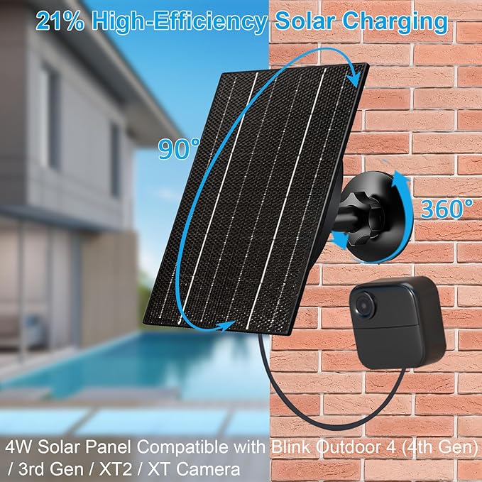 Solar Panel for Blink Outdoor 4/3/XT2/XT Camera, 4W High-Efficiency Solar Charger with 10ft Cable, USB-C & Micro USB Adapter, IP66 Waterproof, 360° Adjustable Mount