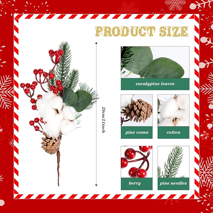 Boao 12 Pieces Pine Snowy Flower Christmas Picks Red Berry Artificial Holly Sprays Picks Fake Berries Pine Cones for Christmas Crafts Party Festive Home Tree Decor 11 Inch Flexible Stems