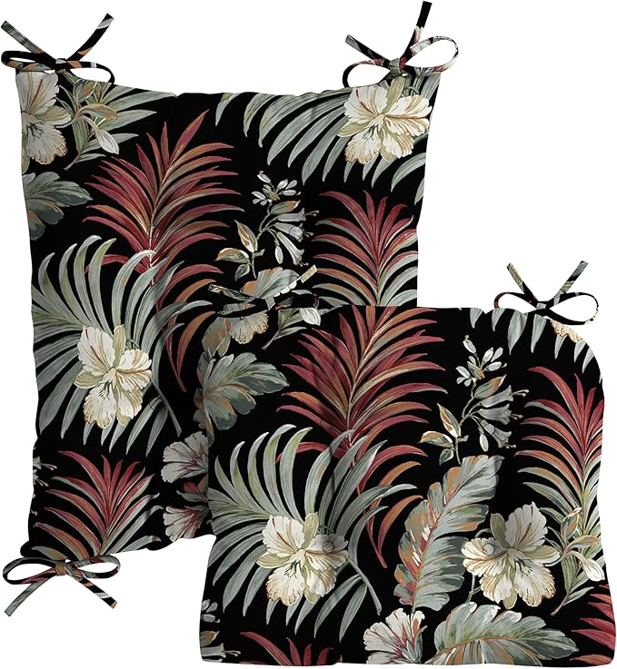 Arden Plush Indoor/Outdoor Rocking Chair Cushion Set, 18 x 20, Water Repellent, Fade Resistant, Tufted Cushion for Rocking Chairs Simone Black Tropical