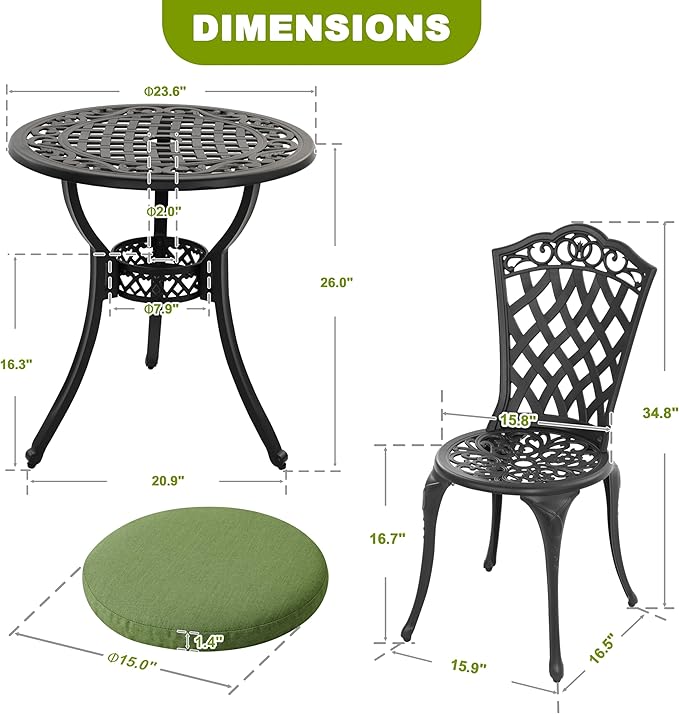 NUU GARDEN 3-Piece Cast Aluminum Patio Bistro Set, Outdoor Table and Chairs Set of 2 with Umbrella Hole and Green Cushions for Patio, Balcony, Garden, Black