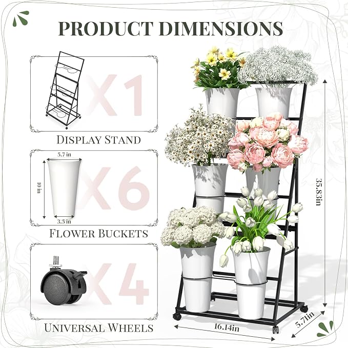 Black Tiered Flower Display Stand with 6 Buckets, Rolling 3-Tier Floral Cart for Florists, Markets & Events, Mobile Flower Presentation Rack for Shop, Patio or Wedding Setup