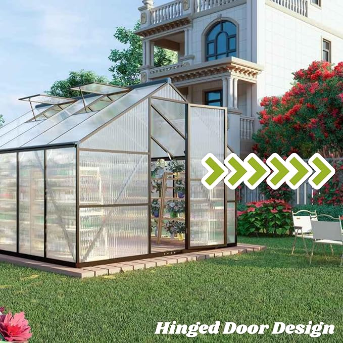8x10 FT Greenhouse for Outdoors, Polycarbonate Greenhouse with Quick Setup Structure and Roof Vent, Aluminum Large Walk-in Green House for Outside Garden Backyard, Charcoal Black