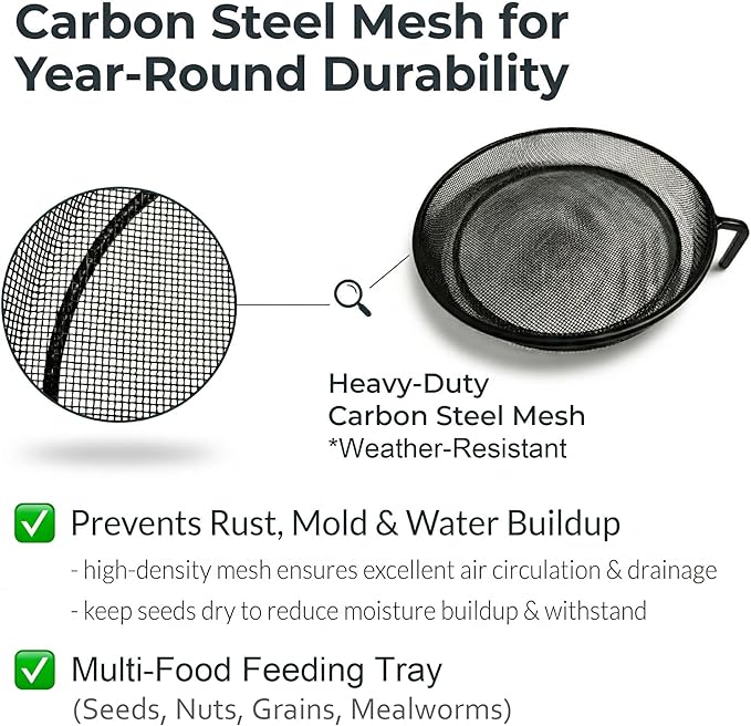 Deck Bird Feeder & Bird Bath for Balcony Railing, No-Drill Clamp Fits up to 2"/5cm – Heavy-Duty Metal Mesh Tray, Windproof Locking Water Bowl, Wild Bird Feeding Station with Cleaning Brush