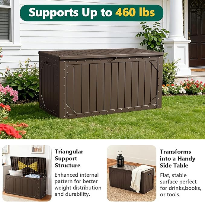 Outdoor Storage Box, 100 Gallon Deck Box Outdoor Storage Bench Outside Waterproof Resin Storage Bench, Lockable Patio Cushions, Garden Tools Storage For Furniture, UV Resistant (Brown)