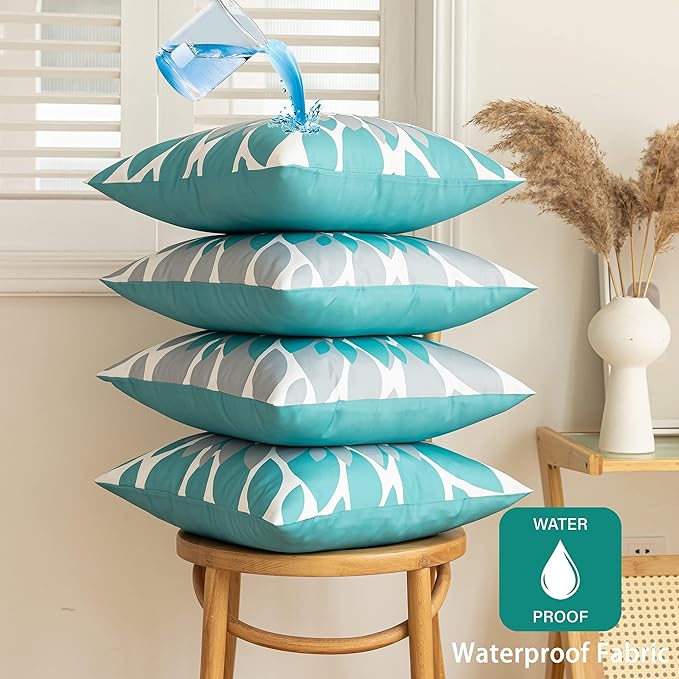 Qahing Pack of 4 Outdoor Waterproof Pillow Covers 18x18 Decorative Outdoor Throw Pillows Garden Square Cushion Cases for Patio Furniture, Couch, Tent Sunbrella, Bench, Teal Turquoise Grey