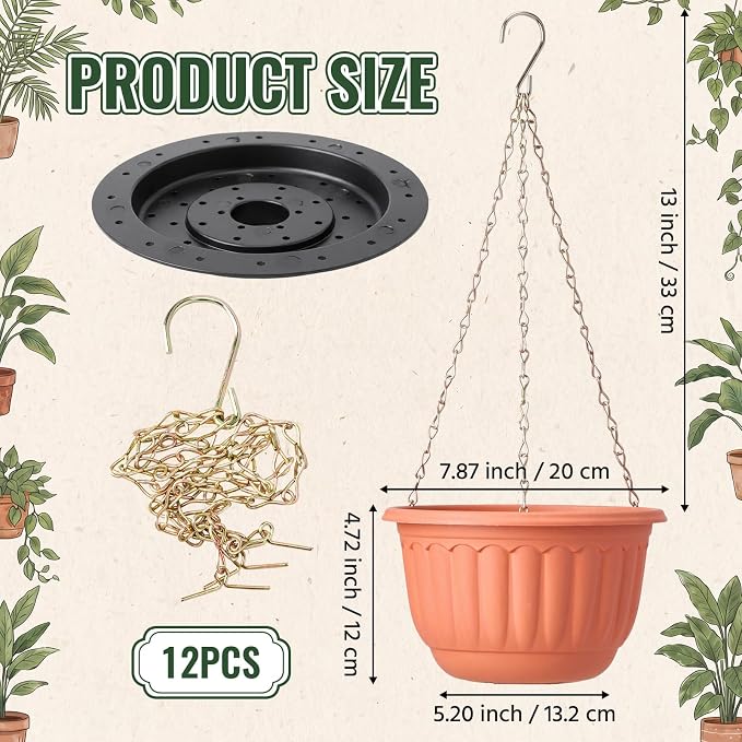 12 Sets Hanging Planters for Indoor and Outdoor Plants Self Watering Hanging Basket Flower Pots Plastic Plant Pots with Drainage Hole and Absorbing Tray(Terracotta,8 Inch)