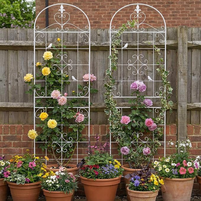 Garden Trellis for Climbing Plants Outdoor, Maidapulu 2 Pack 70.8x19.6 Inch White Metal Trellis - Rustproof Lattice Support Panel with Easy Assembly for Roses, Clematis, Cucumbers, Vegetable Garden