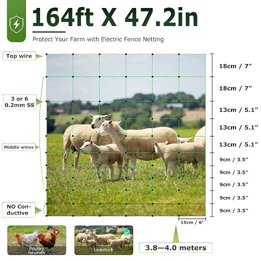 Electric Fence Netting, 164'L x 47.2" H Electric Fence Kit for Livestock, Farms, Backyards, Garden, Assembled Double Spiked Portable Electric Farm Fence