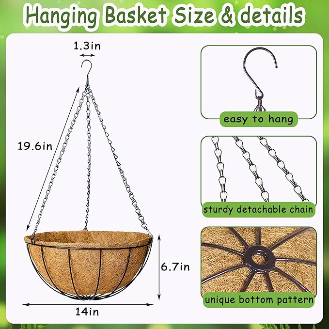 4pcs 14 inch Metal Hanging Baskets Round Wire Plant Stand with Coco Lining Cushion Decorative Planter Hanger Garden Indoor Outdoor Watering Hanging Basket （XG）