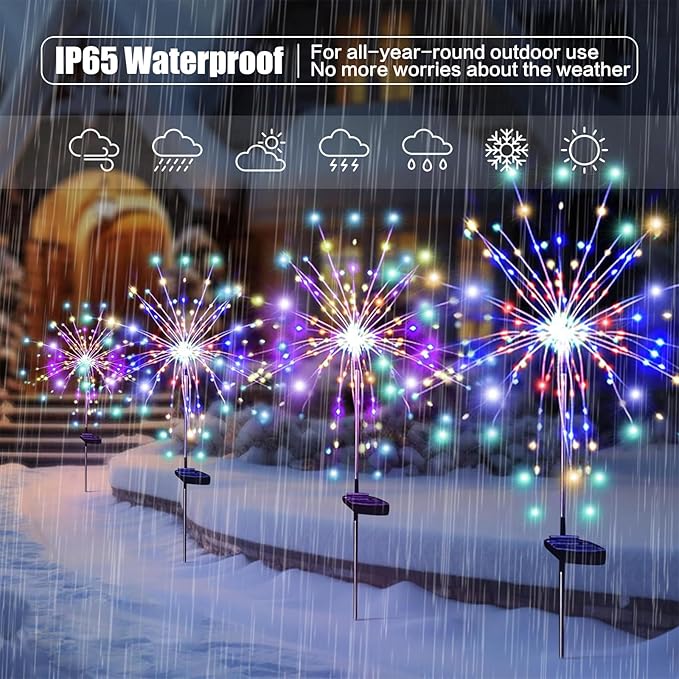 DONGULI Outdoor Solar Garden Lights, 120 LEDs 8 Lighting Modes Waterproof Solar Fireworks Light Sparklers for Patio Walkway Yard Courtyards Pathway Christmas Party Decorations, Colorful(2 Pack)