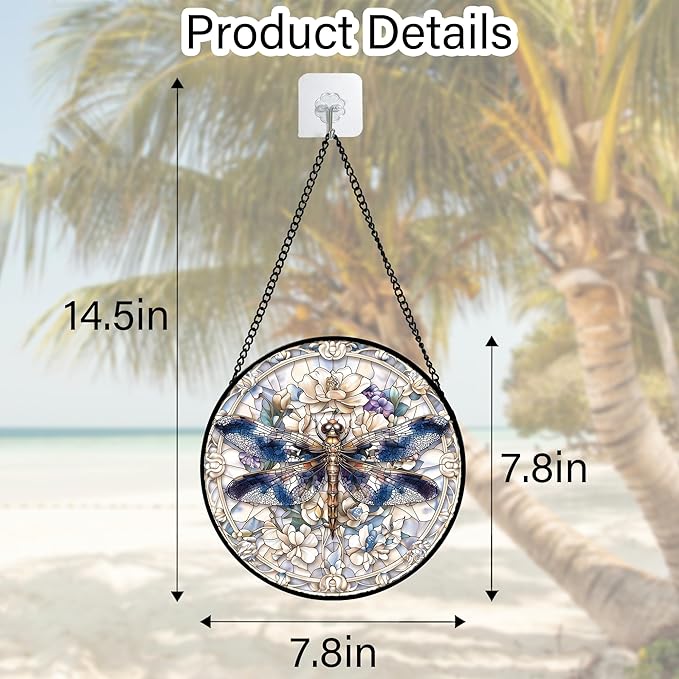 DASTOLL Stained Glass Window Hanging, Dragonfly Flower Suncatcher for Doors Home Sun Catchers Decoration and Christmas, Mother's Day Birthday Gifts for Women, Men, and Mom 7.8 in