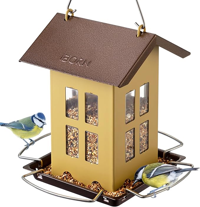 iBorn Bird Feeder House, Metal Bird Feeders for Outdoors Hanging,Double-Sided Metal Hanger & Weatherproof, Easy to Clean & Refill, 1.5 Lbs Capacity, Muted Yellow