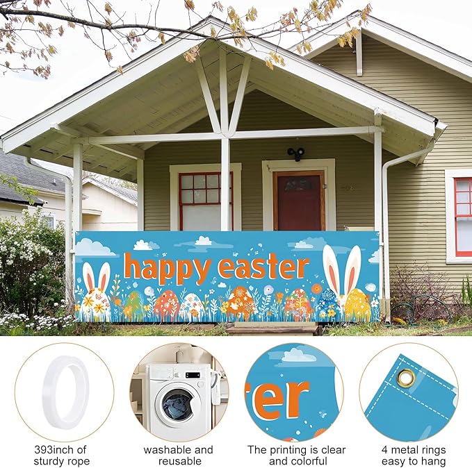 10x3 ft Extra Large Happy Easter Banner Outdoor 115''x35'' Cut Rabbit Banner for Fence Outside Garden Large Bunny Banners Yard