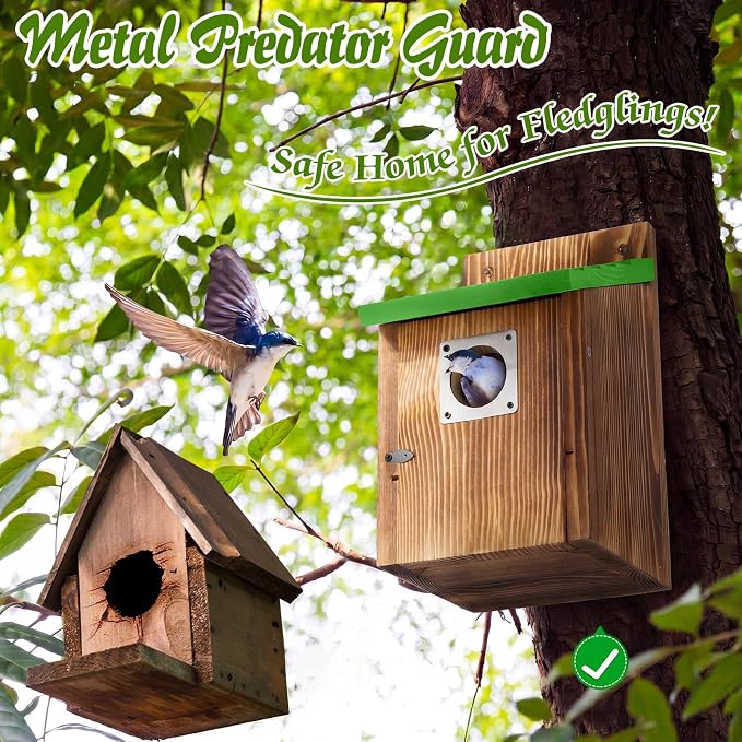 Dreyoo 4 Pack Bluebird Houses for Outside with Metal Predator Guard, 1-1/2" Entrance Hole Wooden Blue Bird Houses for Outdoors, Bluebird Nesting Box (Green Roof, Burnt Wood Body)