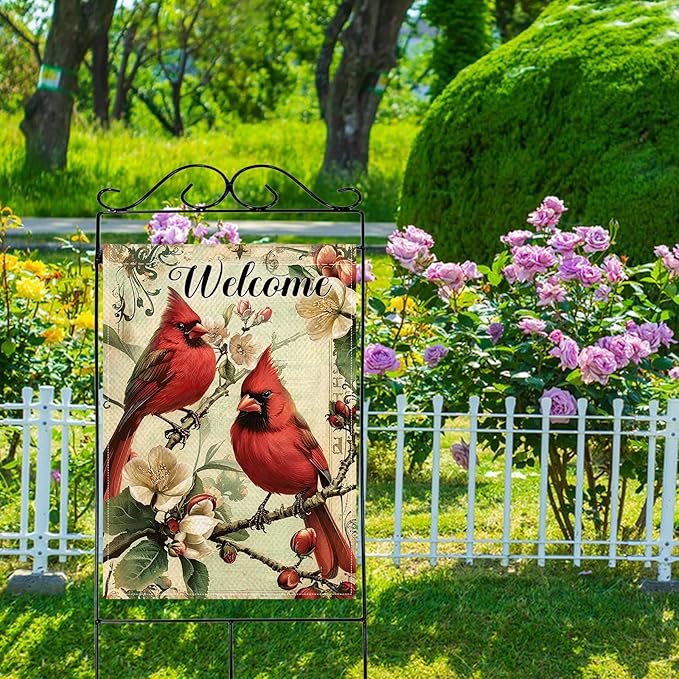 Artofy Welcome Cardinal Large Decorative House Flag, Vintage Red Birds Magnolia Flower Yard Garden Outside Decor, Retro Spring Summer Floral Burlap Outdoor Home Decoration Double Sided 28 x 40