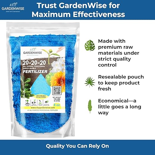 Gardenwise 20-20-20 Water-Soluble Fertilizer – Powder for Liquid Plant Food for Indoor & Outdoor Plants, Orchids, Vegetables, Lawns, Flowers – 20 20 20 Fertilizer 1 Quart (2 lbs)