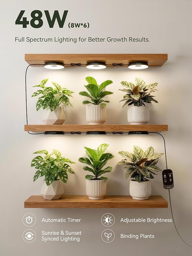 GLOWRIUM Grow Lights for Indoor Plants, Full Spectrum Puck Grow Light with Manual & APP Control, 48W(6 x 8W) Plant Lamp Auto-Timer, Plant Assistant 10 Levels Dimmable for Plant Shelf (6 Packs,Black)