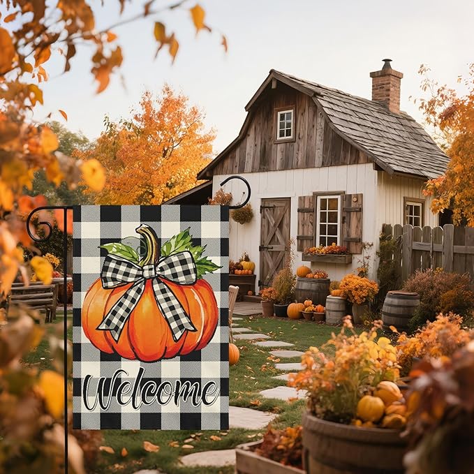 Fall Pumpkin Garden Flag 12x18 Inch Welcome Autumn Harvest Theme Thanksgiving Buffalo Plaid Decorative Yard Flags for Outside Double Sided Outdoor Home Farmhouse Decoration Porch Decor
