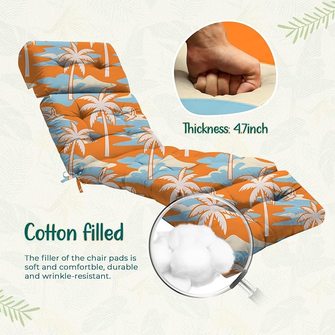 Outdoor Chaise Lounge Chair Cushion 75.1 x 22.8 x 4.7 Inches 100% Waterproof Replacement Cotton Patio Pool Lounge Chair Cushion for Outdoor Furniture with Ties, Orange Coconut Tree