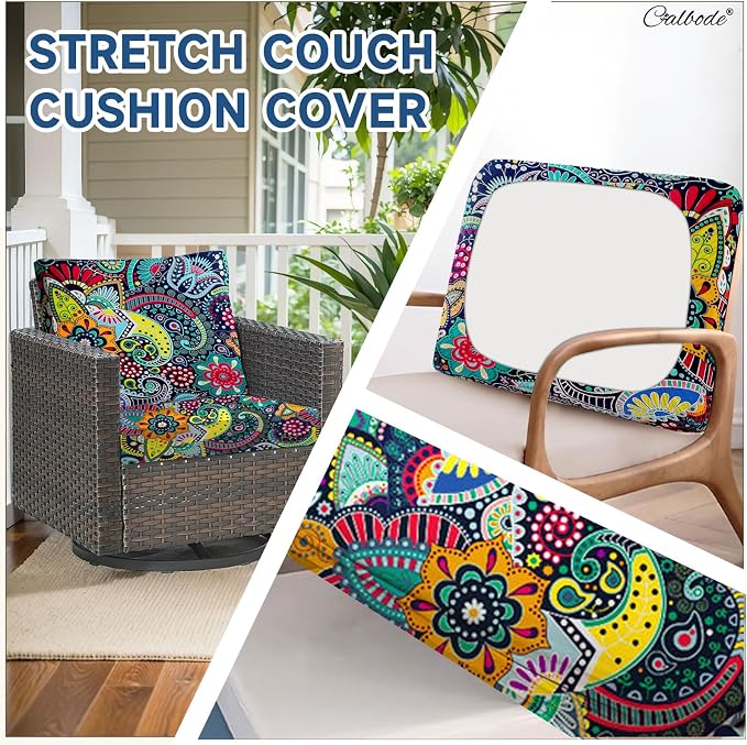 CALBODE 8Pcs Stretch Patio Cushion Cover, Boho Floral Couch & Sofa Slipcovers for Patio Furniture Cushions Washable Reusable Couch Covers Replacement for All Season, Breathable (Paisley, Cover Only)