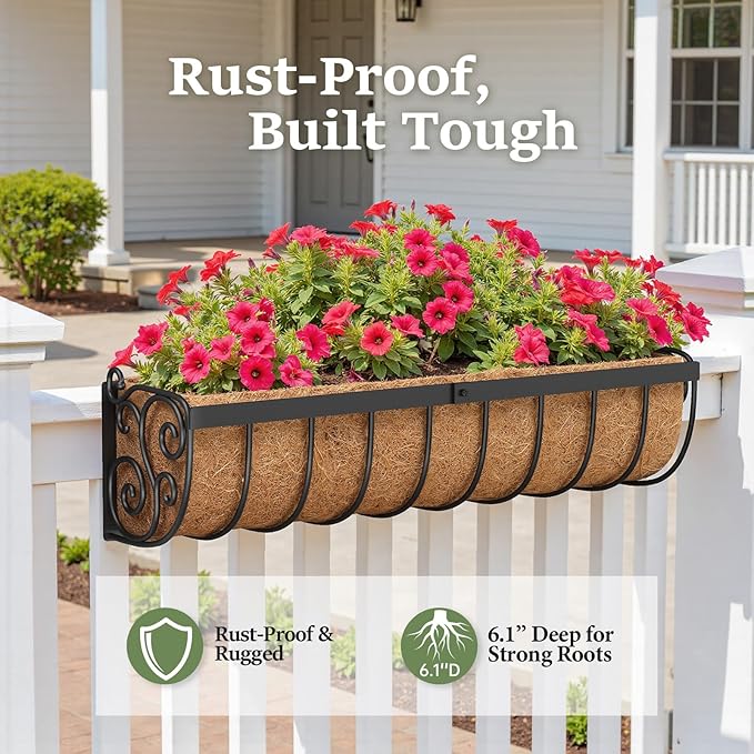 VOXOR Railing Planter Boxes, 24 Inch Window Boxes Planters, Balcony Planters with Adjustable Brackets & Coco Liner & Support Rod for Outdoor Fence, Deck, Porch, and Patio Gardening, 2 Pack