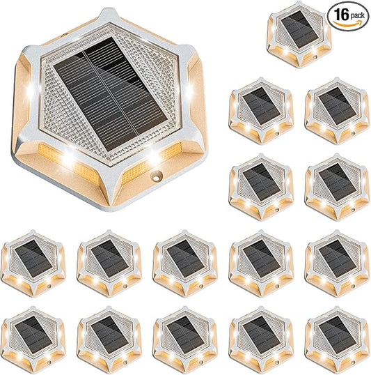 VOLISUN Solar Driveway Lights Dock Outdoor Waterproof Marker Lights,16 Pack Solar Deck Lights 2 Colors in 1 Led Wireless IP67,Solar Deck Lights for Sidewalk Pathway Yard(White/Warm White),Auto On/Off