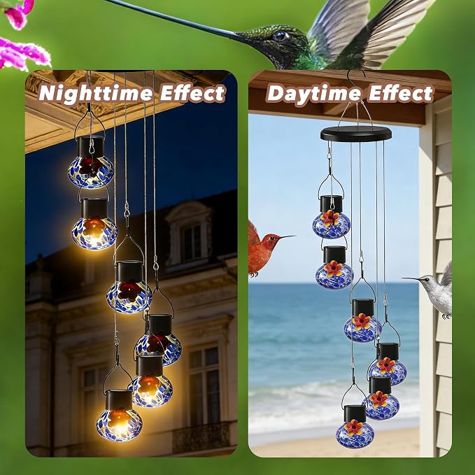 Solar-Powered Hummingbird Feeder with Wind Chime Elegance – 6 Leak-Proof Glass Ports, Frosted Design & Sea Night Lights – Perfect Outdoor Gift for Nature Enthusiasts