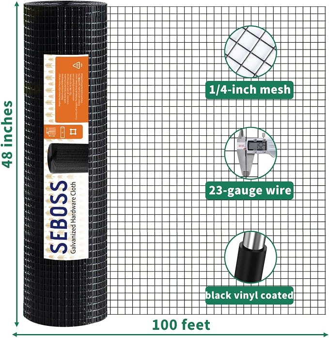 SEBOSS Black Hardware Cloth 1/4 inch 48 x 100 Ft 23-Gauge, Vinyl Coating Chicken Wire Fencing, Chicken Wire Mesh Roll, Garden Fencing and Durable Outdoor Wire Cloth Applications