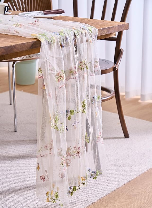 vctops 2 Packs Embroidery Lace Spring Table Runner 10ft Floral Garden Seasonal Tulle Table Runner Holiday Kitchen Dining Table Decoration for Wedding Party Baby Shower Birthday (Beige,30"x120")