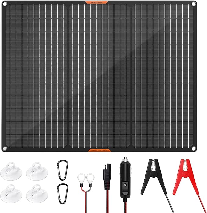 Solar Panel 50W 12V Solar Car Battery Charger Maintainer Portable Waterproof Power Solar Trickle Charger for Car Boat Automotive RV with Alligator Clip