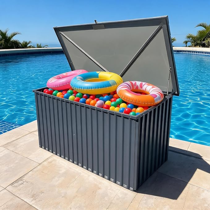 Garvee Outdoor Storage Box, 230 Gallon Waterproof Metal Storage Box, Outdoor Deck Boxes, UV Resistant Patio Storage Box with Lockable Lid for Patio Furniture Cushions, Pillows, Garden Tools, Blank