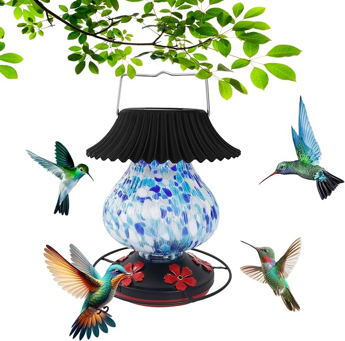Solar Hummingbird Feeder-5 Feeding Ports with Perch, Hand Blown Glass Blue White Color Changing - Never Leak, Multicolor Night Lights – Perfect Hummingbird Feeder for Outdoors for Nature Enthusiasts