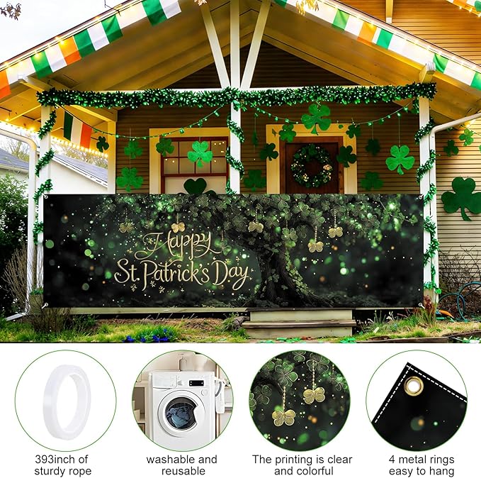 Happy St. Patrick’s Day Fence Banner 118 x 35 Inch, Large Waterproof Outdoor Irish Clover Tree Banner with Gold Script for Yard Porch Fence Party Decorations